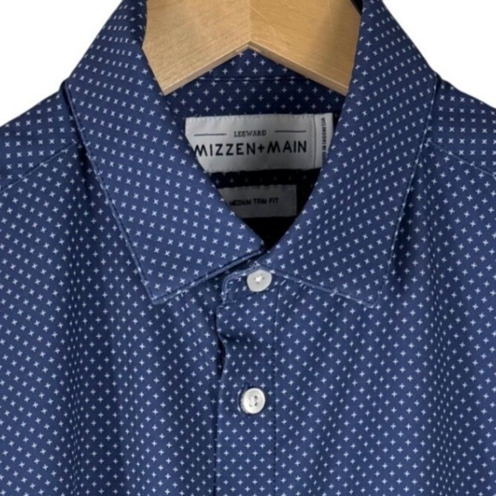 Mizzen+Main Leeward Dress Shirt Mens M Trim Fit Navy Blue Micro Cross L9053